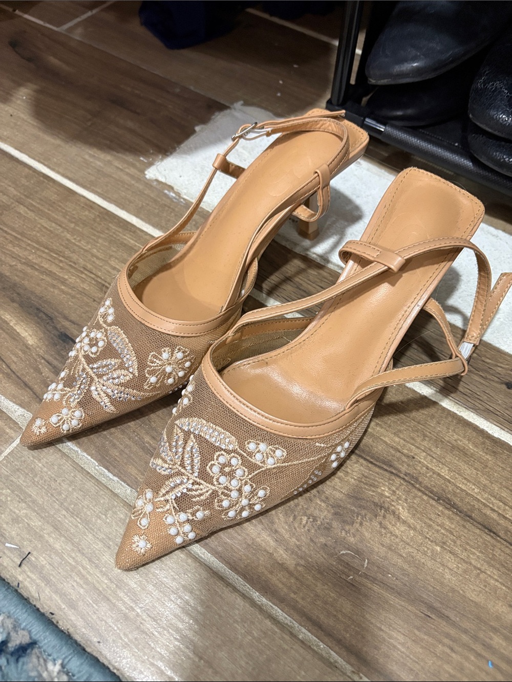 SHEIN Embellished Pointed-Toe Slingback Heels - Tan